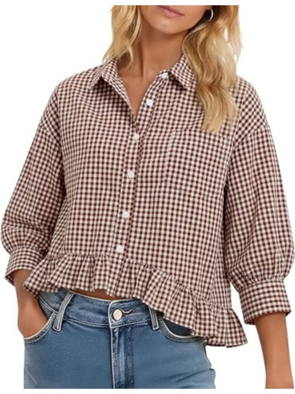 Womens 3/4 Sleeve Button Down Ruffle Blouse Dressy Casual